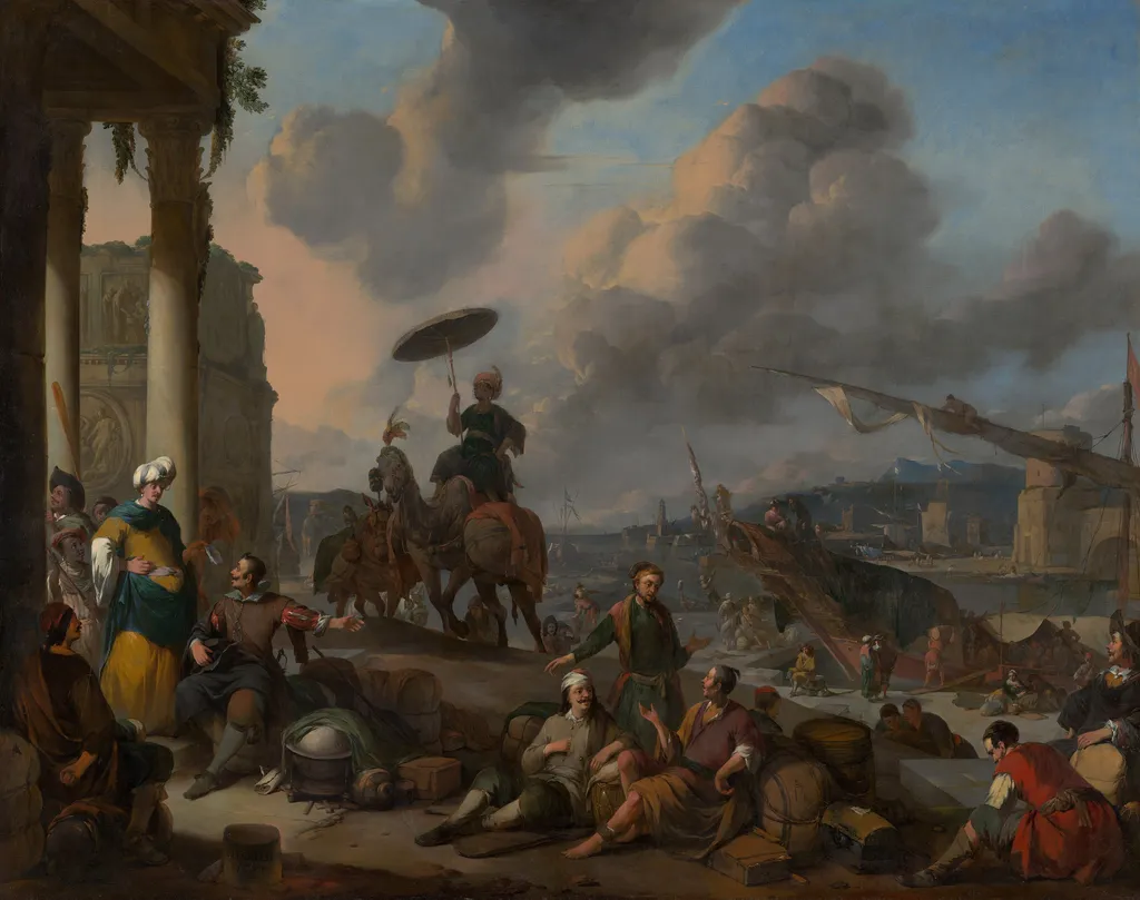 Harbour on the Mediterranean, by Johannes Lingelbach, oil, 1670