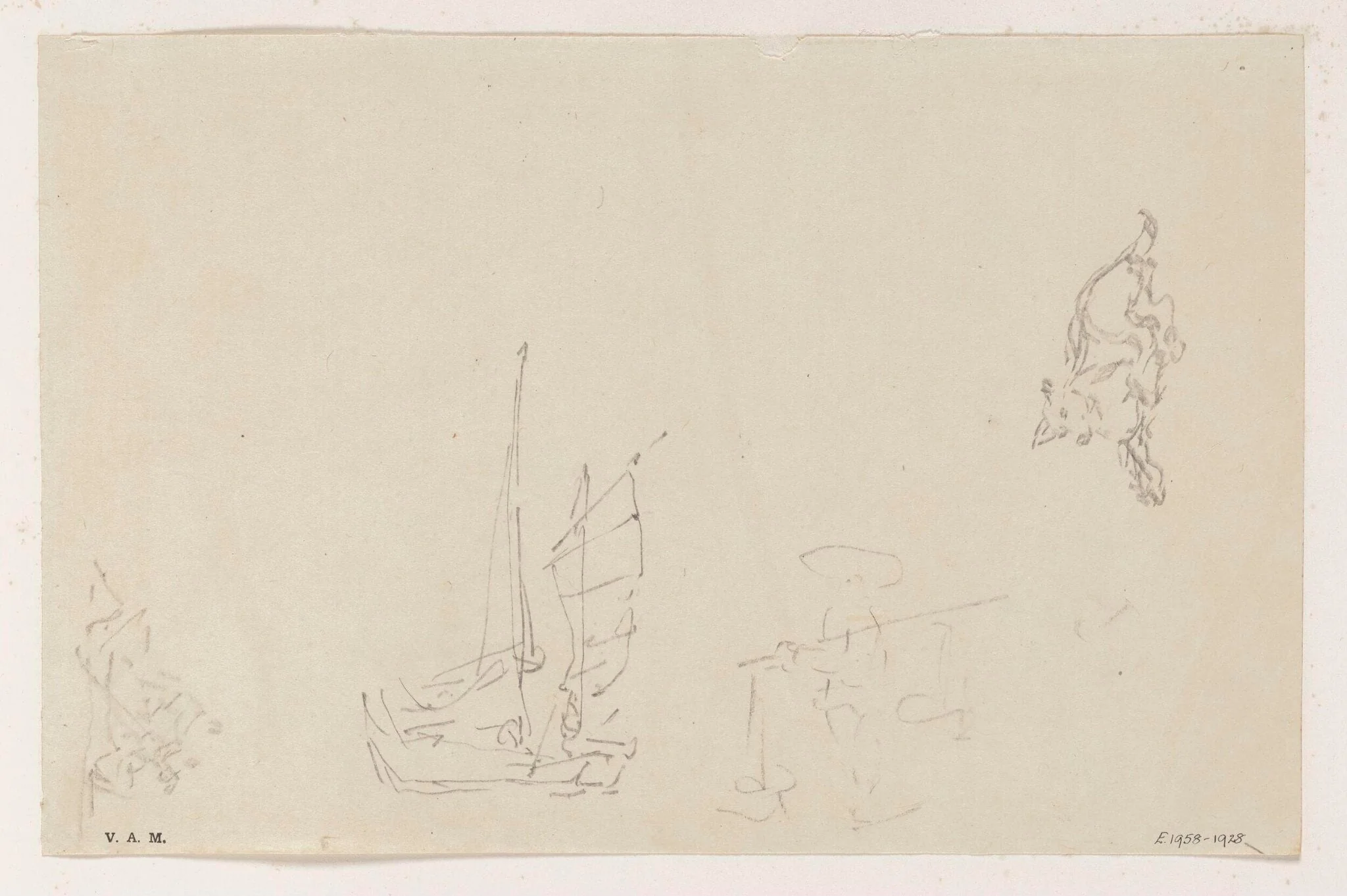 Sketches of boats, a figure and a dog, detail