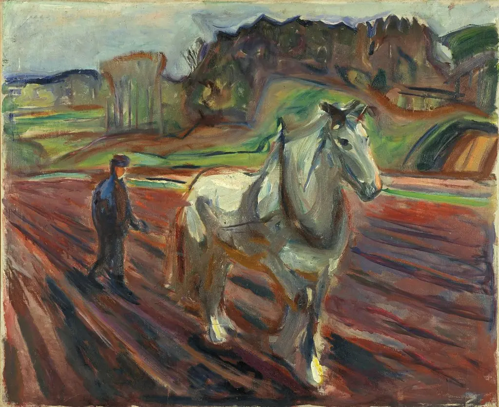 Man Ploughing with a White Horse, by Edvard Munch, oil, 1919