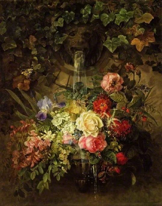 Flowers under a lion-mask fountain, detail