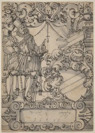 A Donor with a Coat of Arms (Schildbegleiter und Wappenschild mit Schrägbalken), by Hans II Jegli, ink, 1603