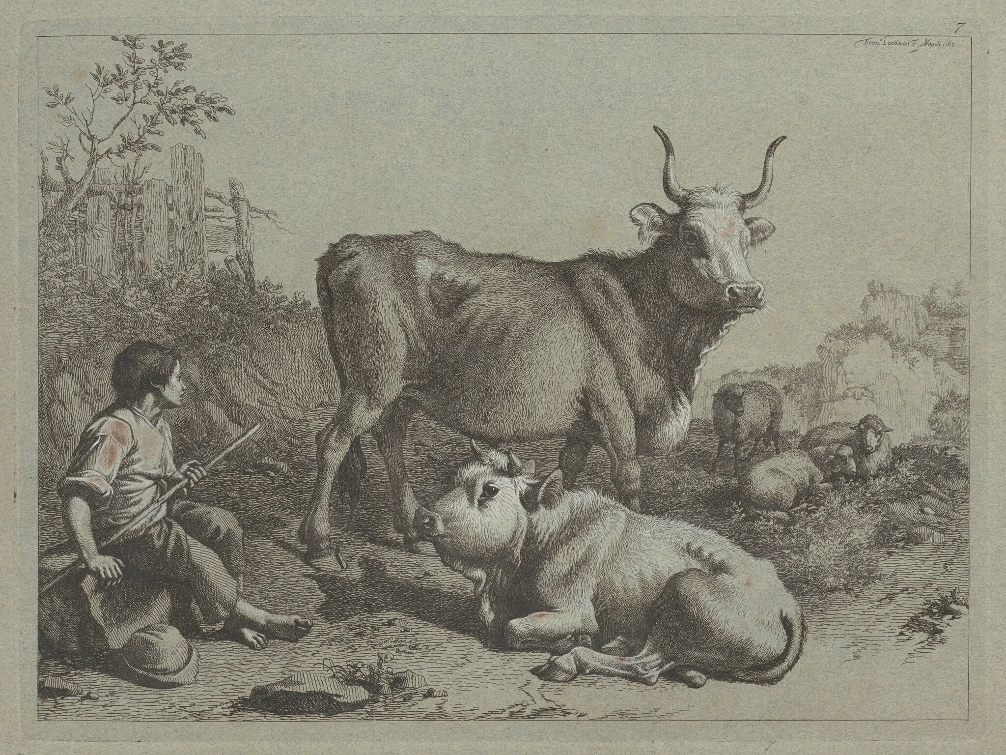 Seated Shepherd with a Bull and Bullock, detail