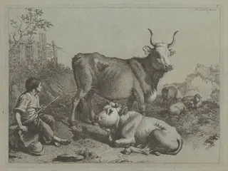 Seated Shepherd with a Bull and Bullock, by Francesco Londonio, ink, 1763