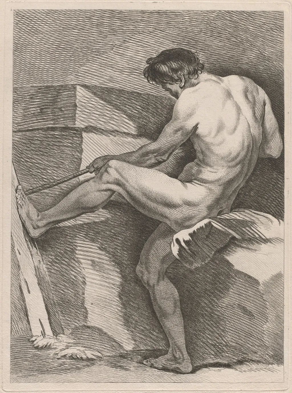 Man Pulling a Rope, His Foot Braced, by Carle Van Loo, ink, 1743