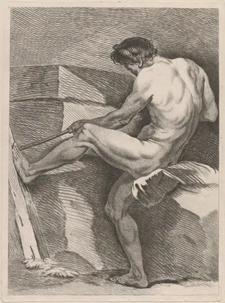 Man Pulling a Rope, His Foot Braced, by Carle Van Loo, ink, 1743