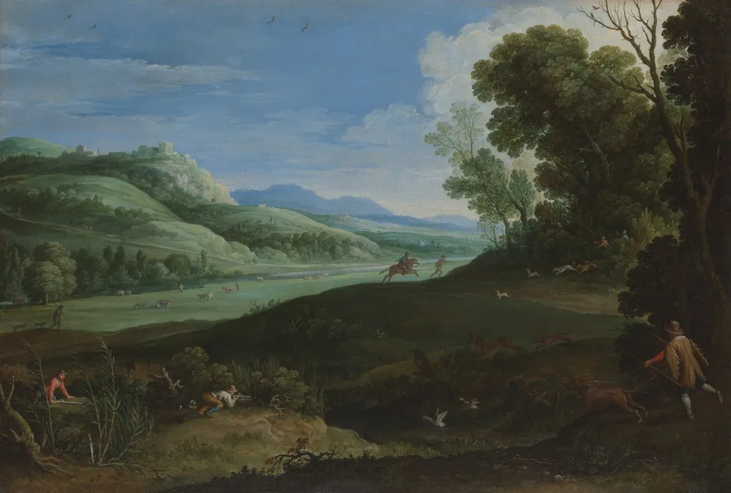Landscape with Hunters, by Paul Bril, oil, 1619
