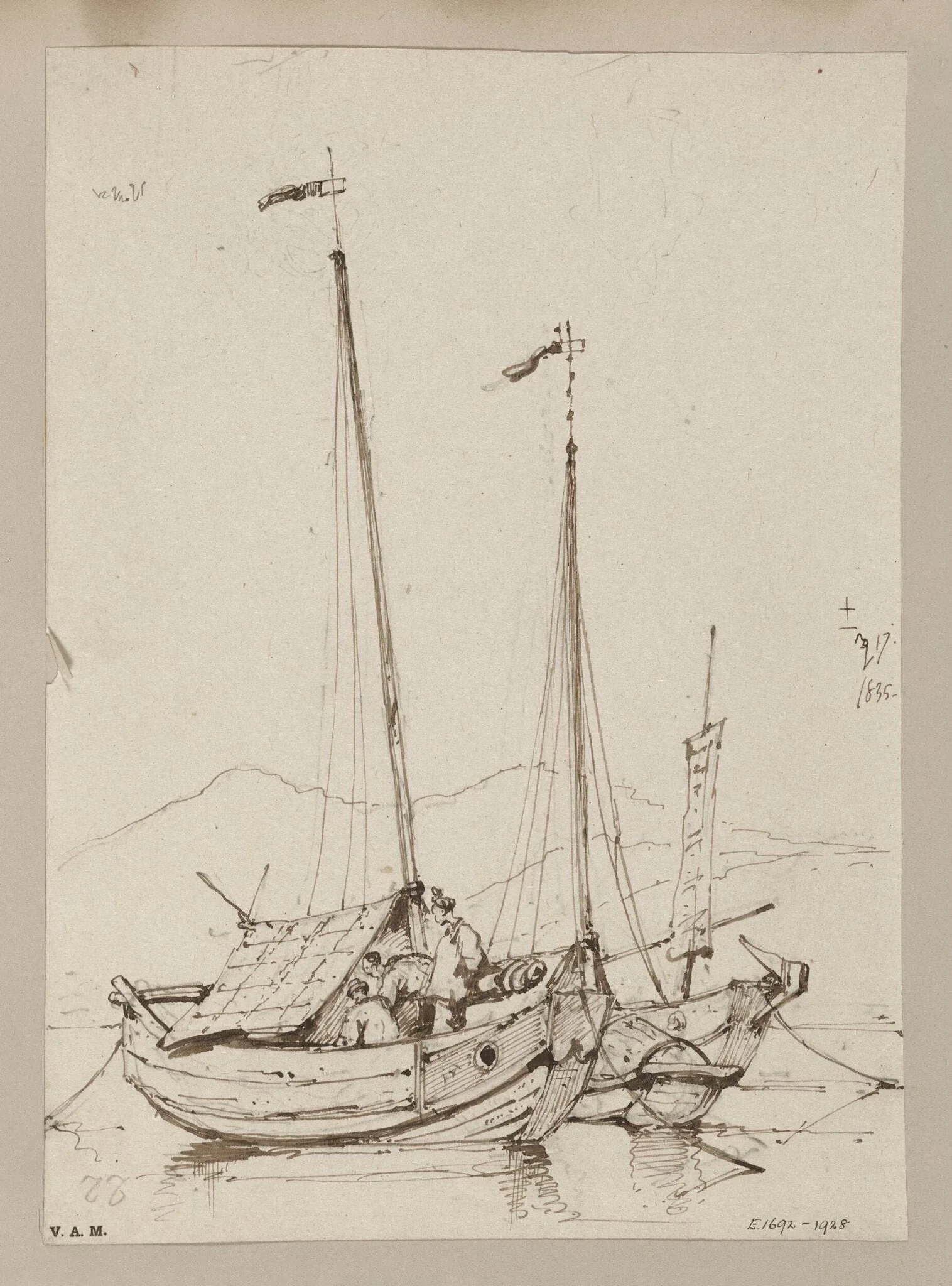 Two small junks at anchor, Macau, detail