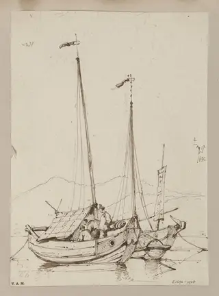 Two small junks at anchor, Macau, by George Chinnery, 14