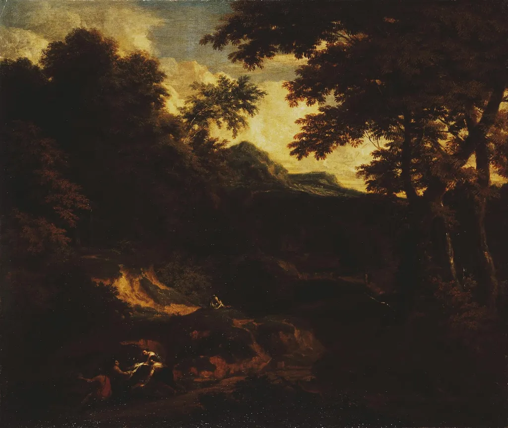 Forest Landscape with Figures by the Road, by Cornelis Huysmans, oil, 1698