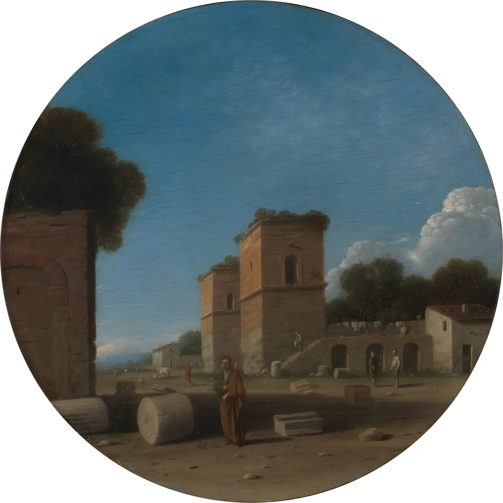 A Roman Landscape with Figures, by Goffredo Wals, oil, 1630