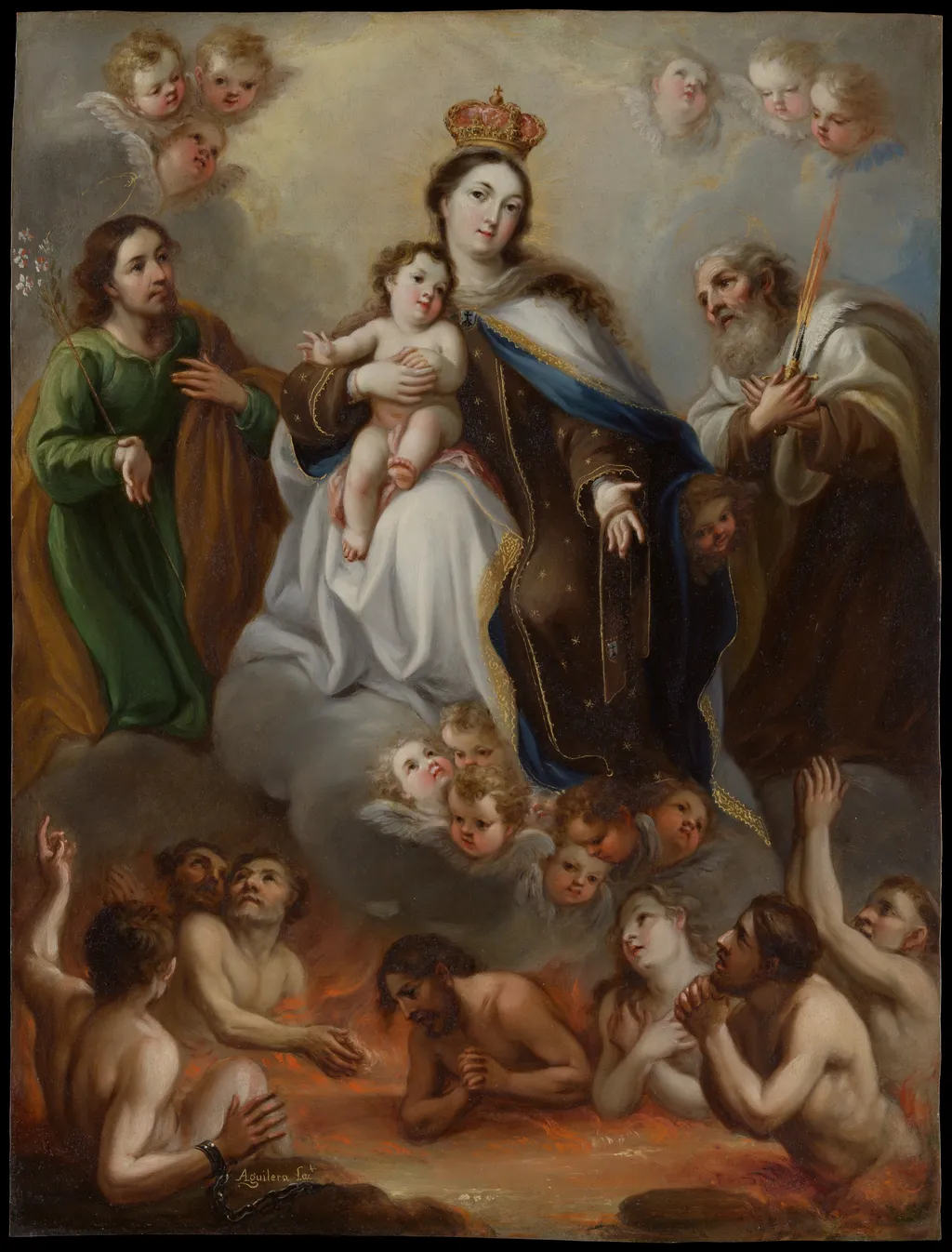 The Virgin of Carmen and the Souls of Purgatory with St. Joseph and the Prophet Elijah, by Juan Francisco de Aguilera, unspecified, 1720