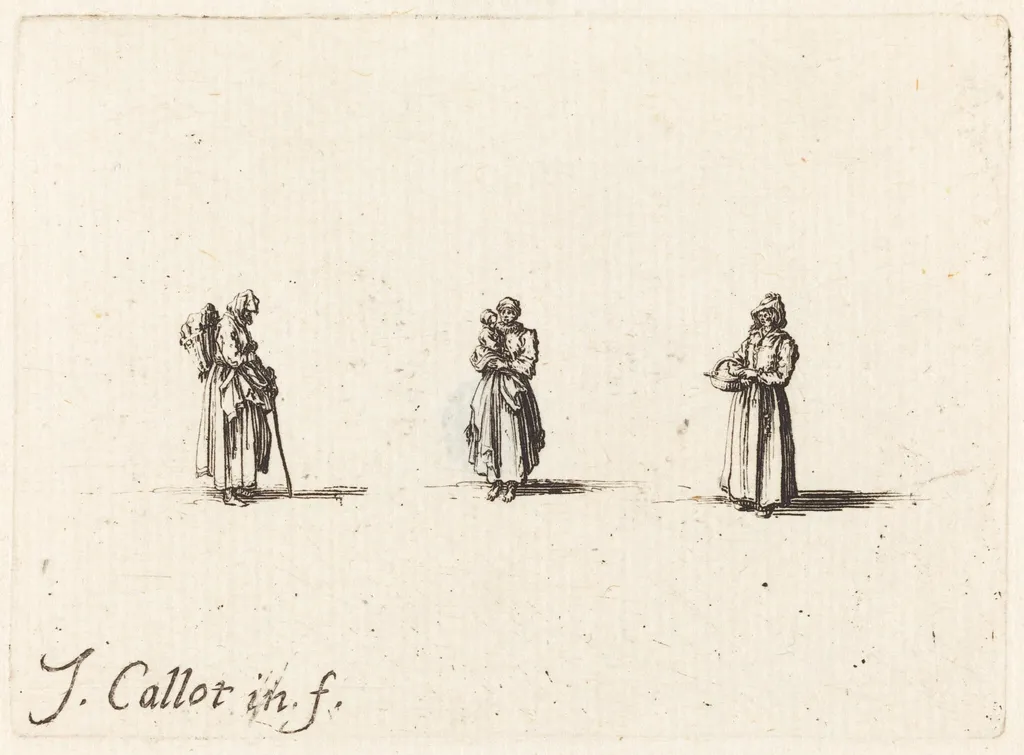 Three Women, One Holding a Child, by Jacques Callot, ink, 1634