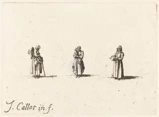 Three Women, One Holding a Child, by Jacques Callot, ink, 1634