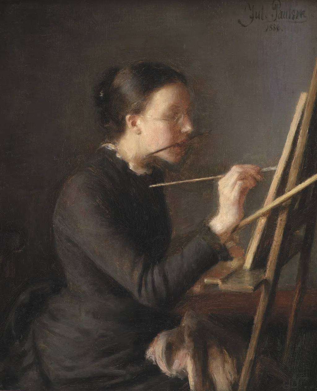 The Painter Agnes Paulsen, the Artist's Sister, at her Easel, by Julius Paulsen, oil, 1894