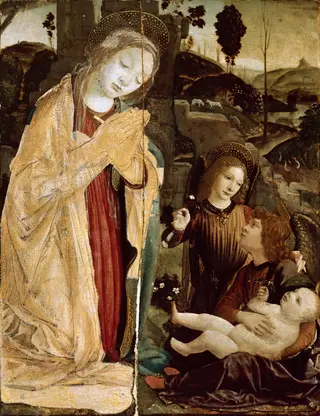Madonna with two Angels Adoring the Christ Child in a landscape, by Andrea del Verrocchio, tempera, 1473
