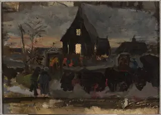 To the Advent dawn mass, sketch, by Wojciech Piechowski, oil, 1890