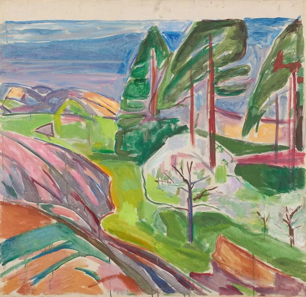 Pine Trees and Fruit Trees in Blossom, by Edvard Munch, oil, 1911