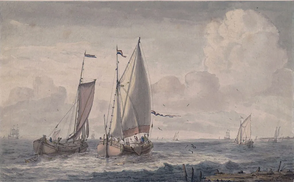 Dutch Fishing Boats, by J. R., watercolor, 1850