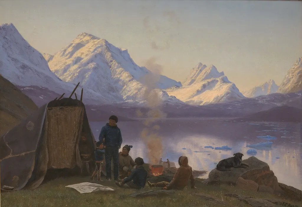 En grønlandsk boplads ved en fjord. Sommer, by Carl Rasmussen, oil, 1892