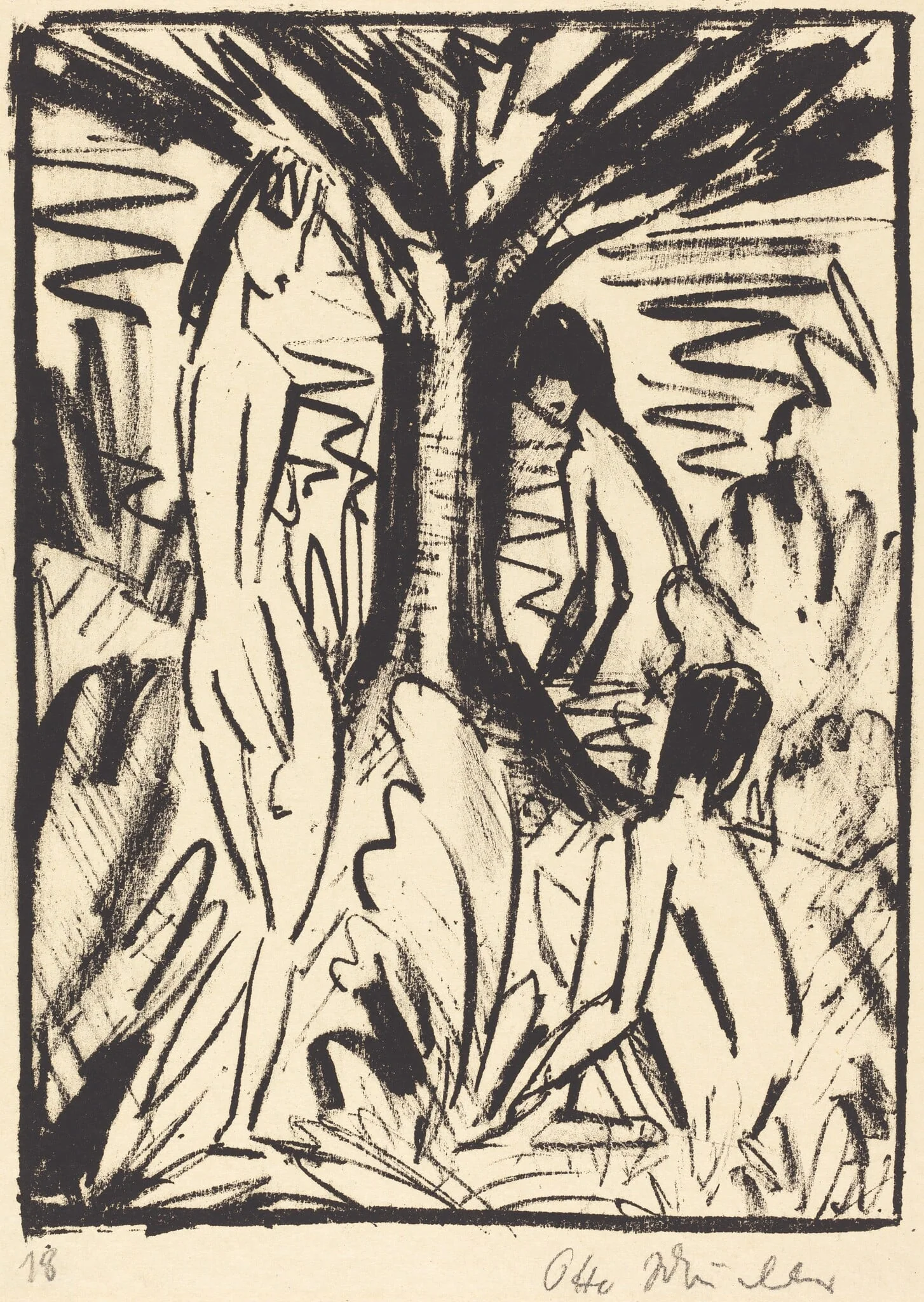 Standing, Sitting, and Bathing Girls near a Tree (Stehende, sitzendes und badendes Madchen am Baum), detail