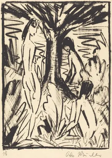 Standing, Sitting, and Bathing Girls near a Tree (Stehende, sitzendes und badendes Madchen am Baum), by Otto Mueller, ink, 1920