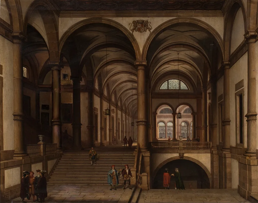 Palacio con galería y espaciosa escalinata de carácter grecorromano, by Pablo Gonzalvo, oil, 1855