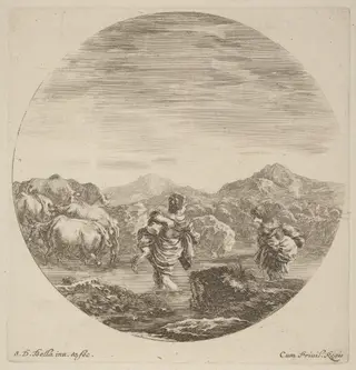 Two Women Fording a Creek with a Herd of Cows, by Stefano Della Bella, ink, 1637