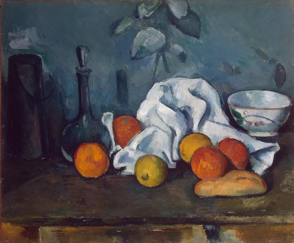 Boîte à lait, carafe et bol, by Paul Cezanne, oil, 1890