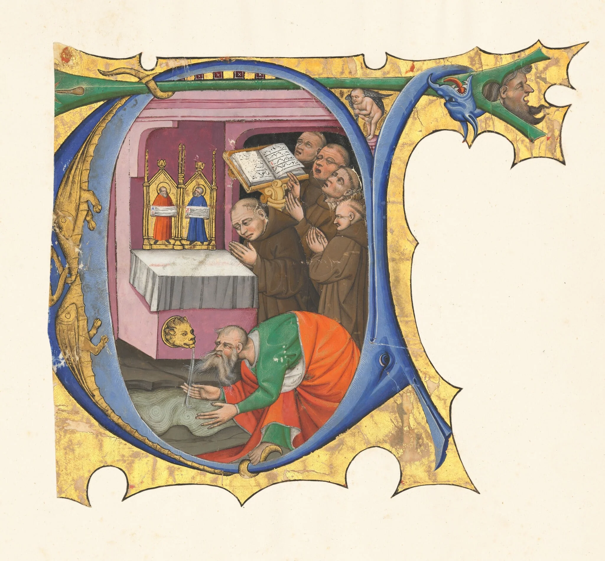 Initial T with a group of Benedictine monks singing before an altar from which issues water, detail