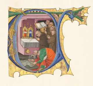 Initial T with a group of Benedictine monks singing before an altar from which issues water, by Master of the Cypresses, 1434
