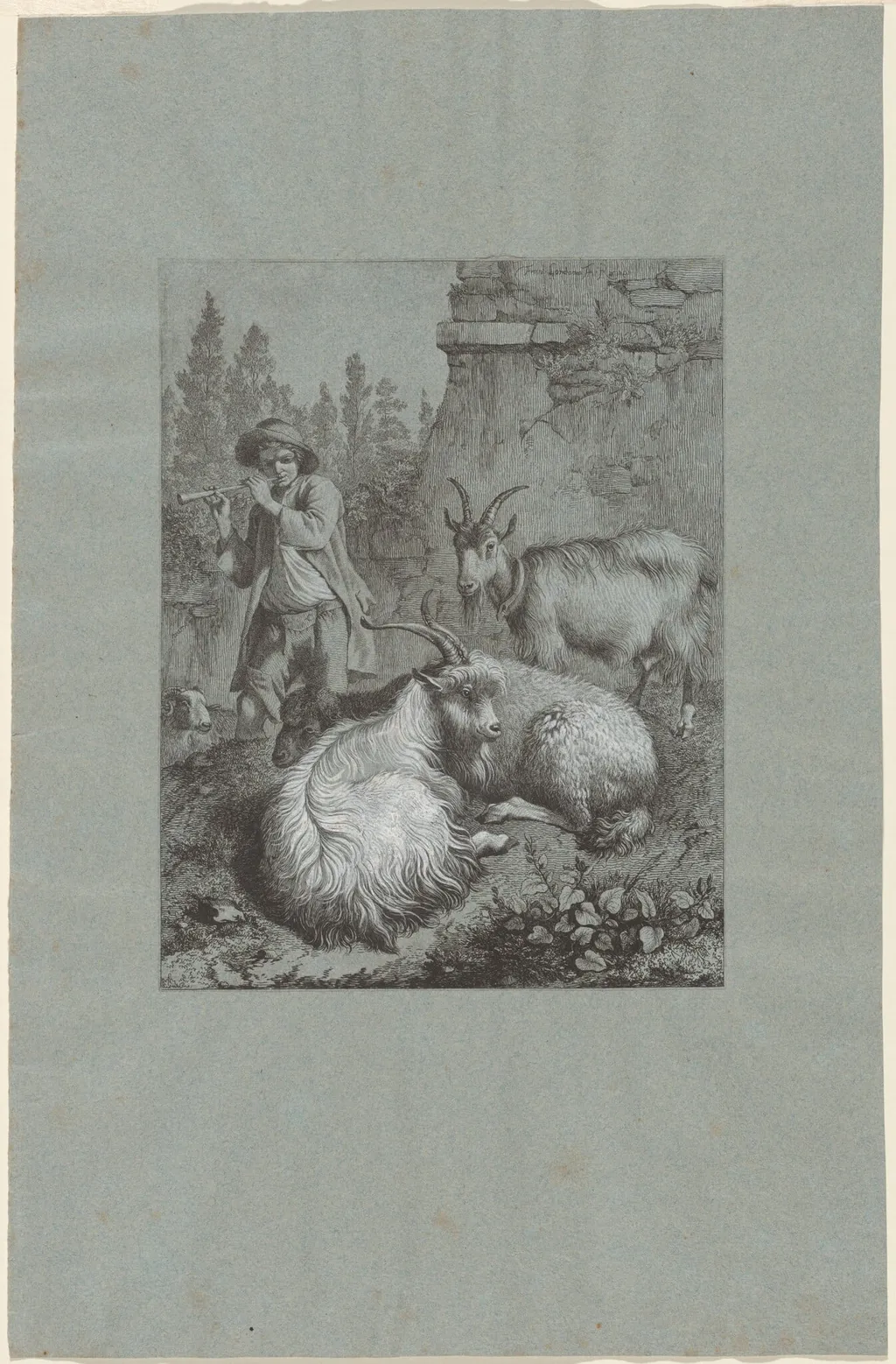 Shepherd Playing a Flute with Goats, by Francesco Londonio, ink, 1764