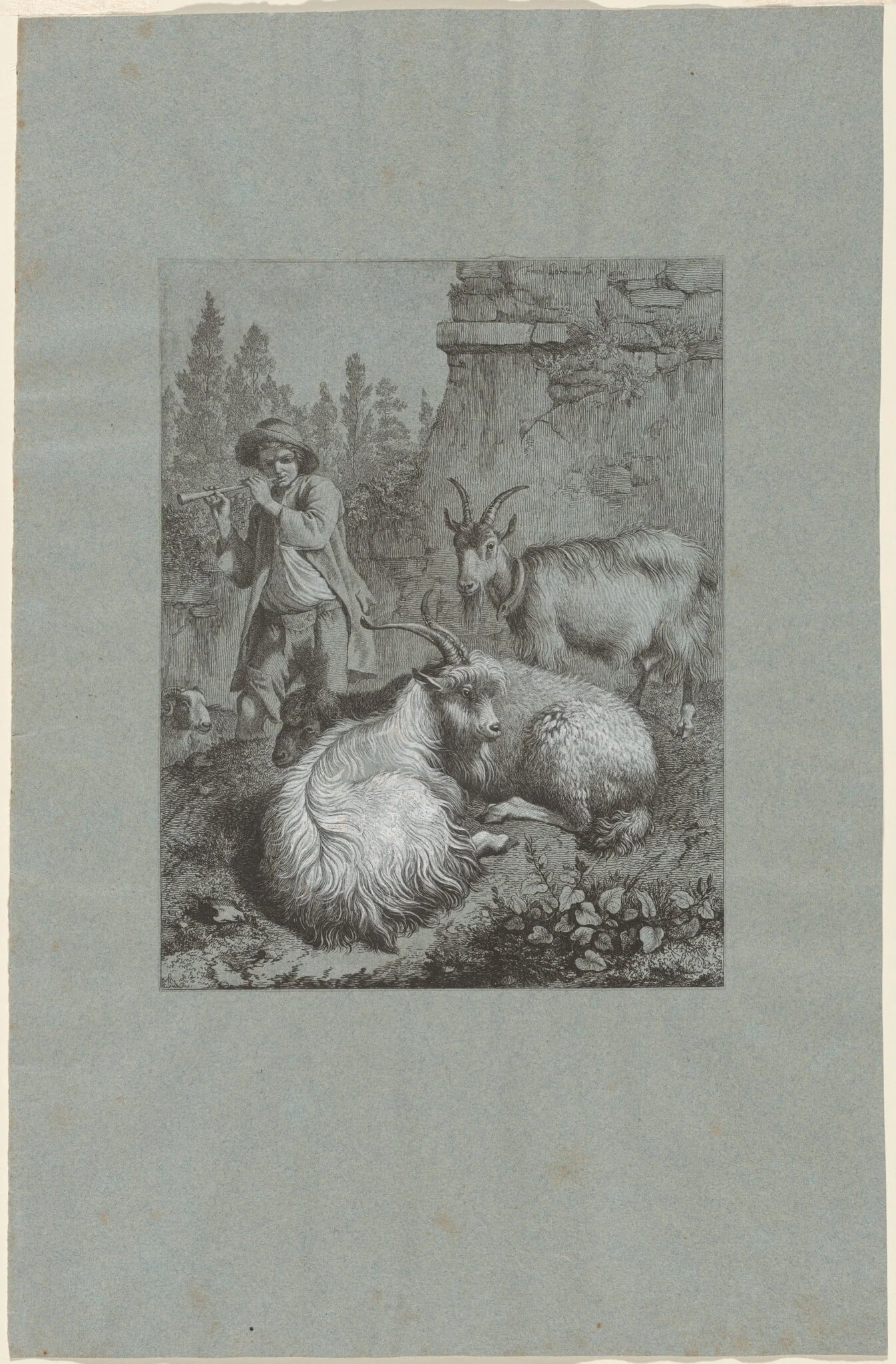Shepherd Playing a Flute with Goats, detail