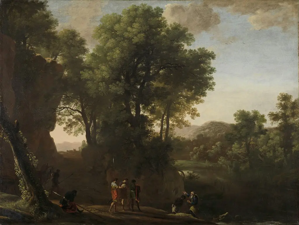 Landscape with the baptism of the eunuch, by Herman van Swanevelt, oil, 1630