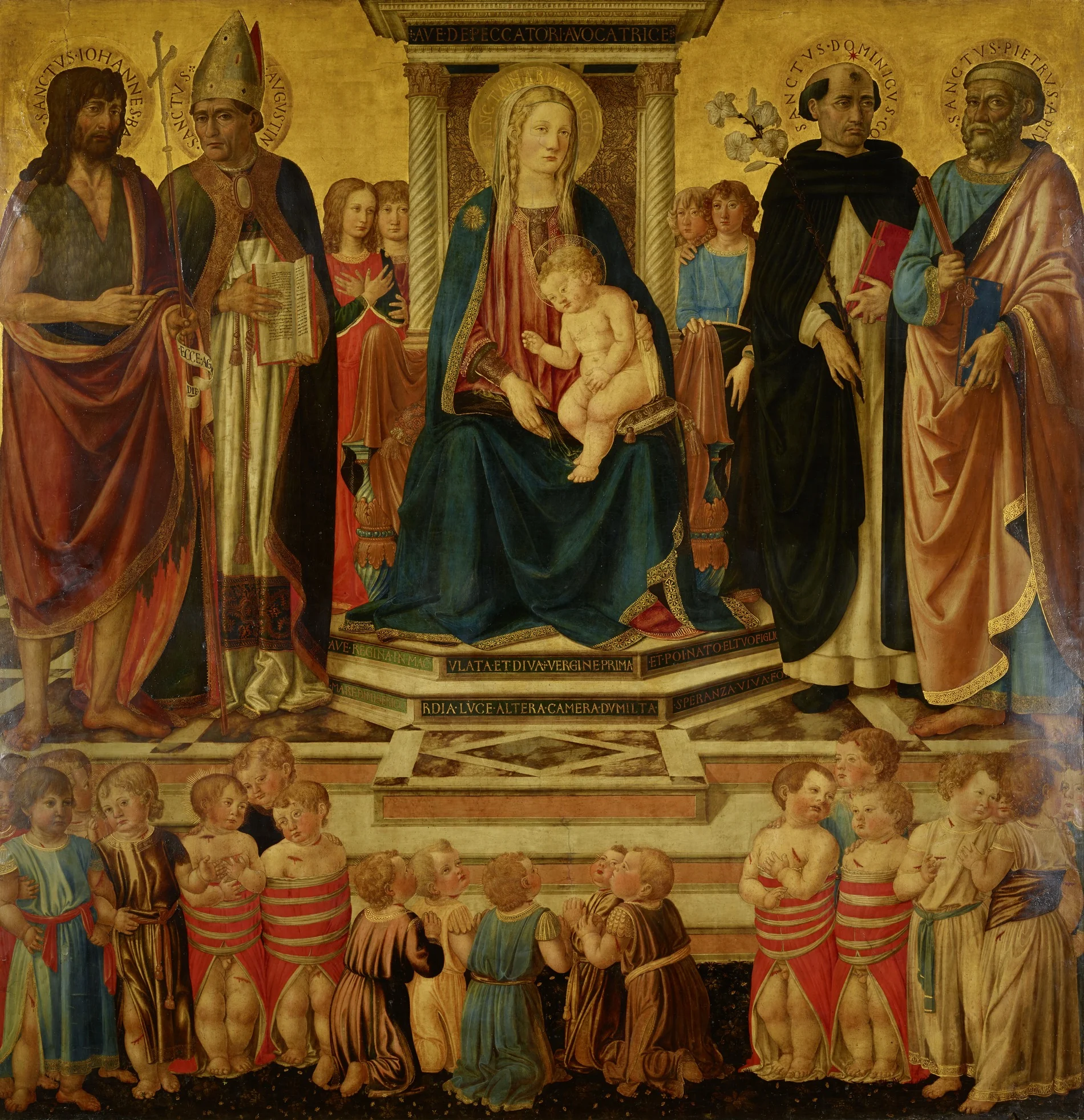 The Virgin and Blessing Child Enthroned with Sts. John, Augustine, Dominic, Peter and Victims of the bethemitic Child Murder, detail