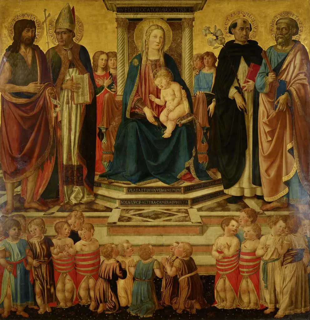 The Virgin and Blessing Child Enthroned with Sts. John, Augustine, Dominic, Peter and Victims of the bethemitic Child Murder, by Cosimo Rosselli, paint, 1475