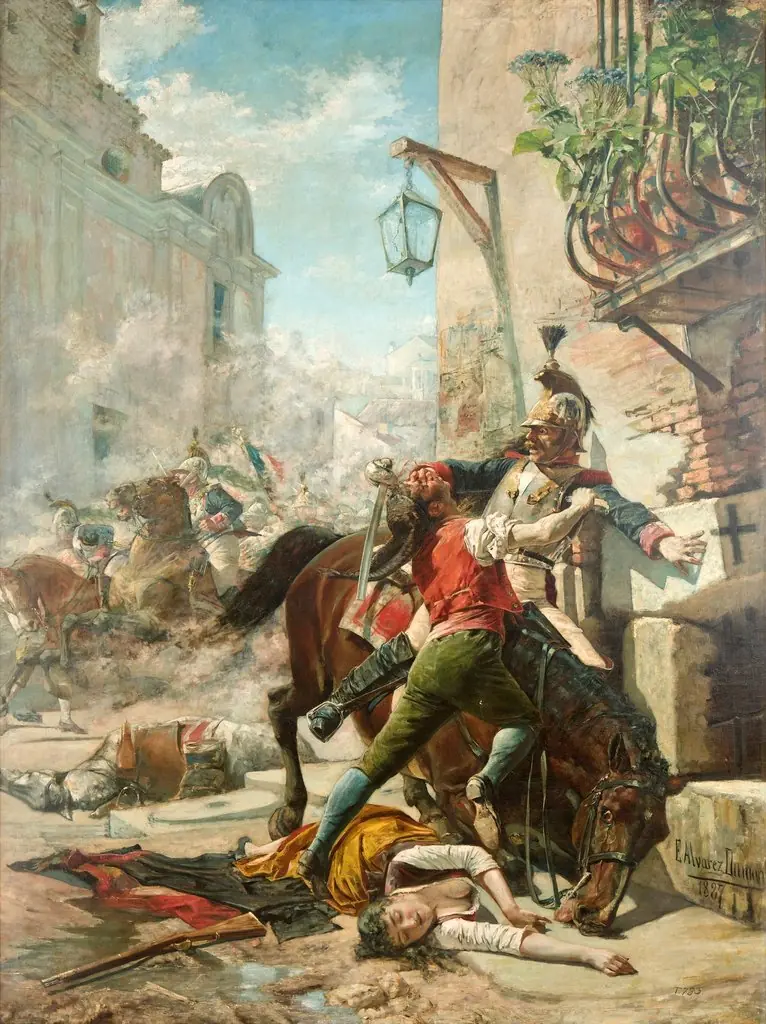 Malasaña y su hija se baten contra los franceses en una de las calles que bajan del parque a la de San Bernardo. Dos de mayo de 1808, by Eugenio Álvarez Dumont, oil, 1894