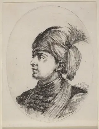 Young Moor in a Feathered Turban, Turned to the Left, by Stefano Della Bella, ink, 1650