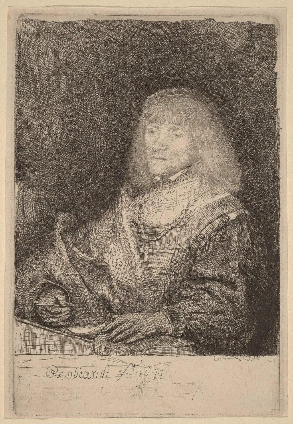 Man at a Desk Wearing a Cross and Chain, by Rembrandt van Rijn, ink, 1641