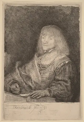 Man at a Desk Wearing a Cross and Chain, by Rembrandt van Rijn, ink, 1641