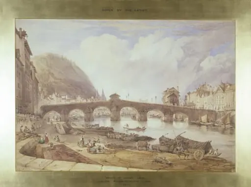 Liege: the Bridge of Arches, by William Alfred Delamotte, watercolor, 1837