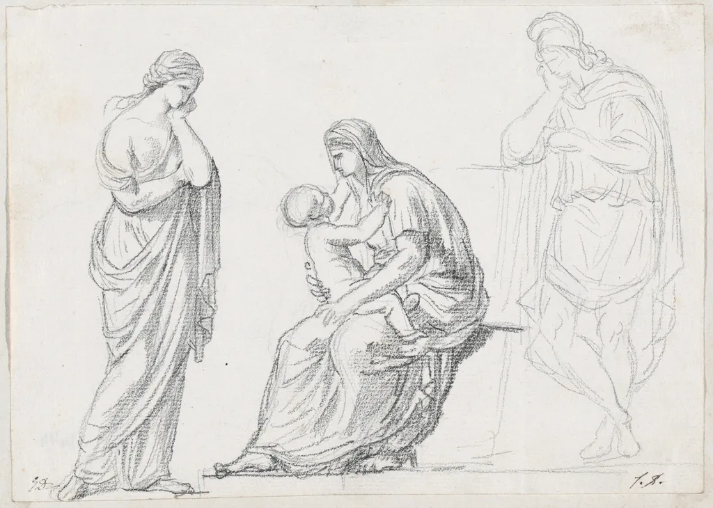 Mother and Child Flanked by Two Standing Figures, by Jacques-Louis David, chalk, 1778