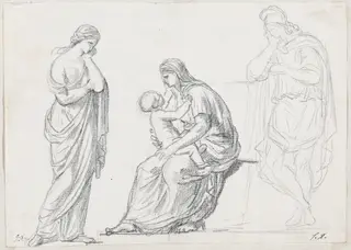 Mother and Child Flanked by Two Standing Figures, by Jacques-Louis David, chalk, 1778