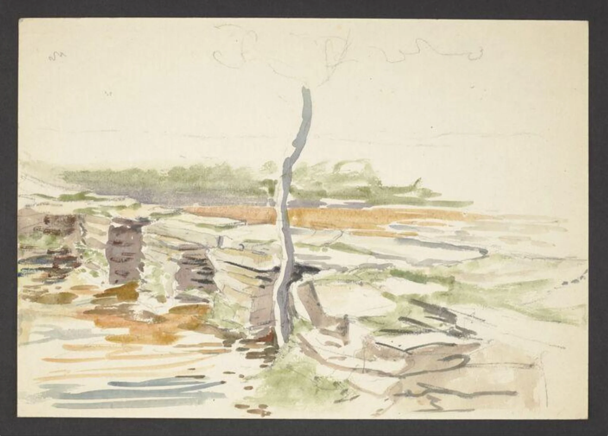 A river traversed by stone piles forming a bridge, detail