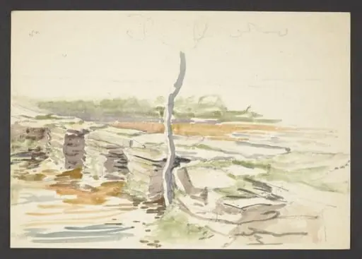 A river traversed by stone piles forming a bridge, by Beatrix Potter, watercolor, 1906