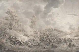 Battle by a River, by Dirk Langendijk, ink, 1780
