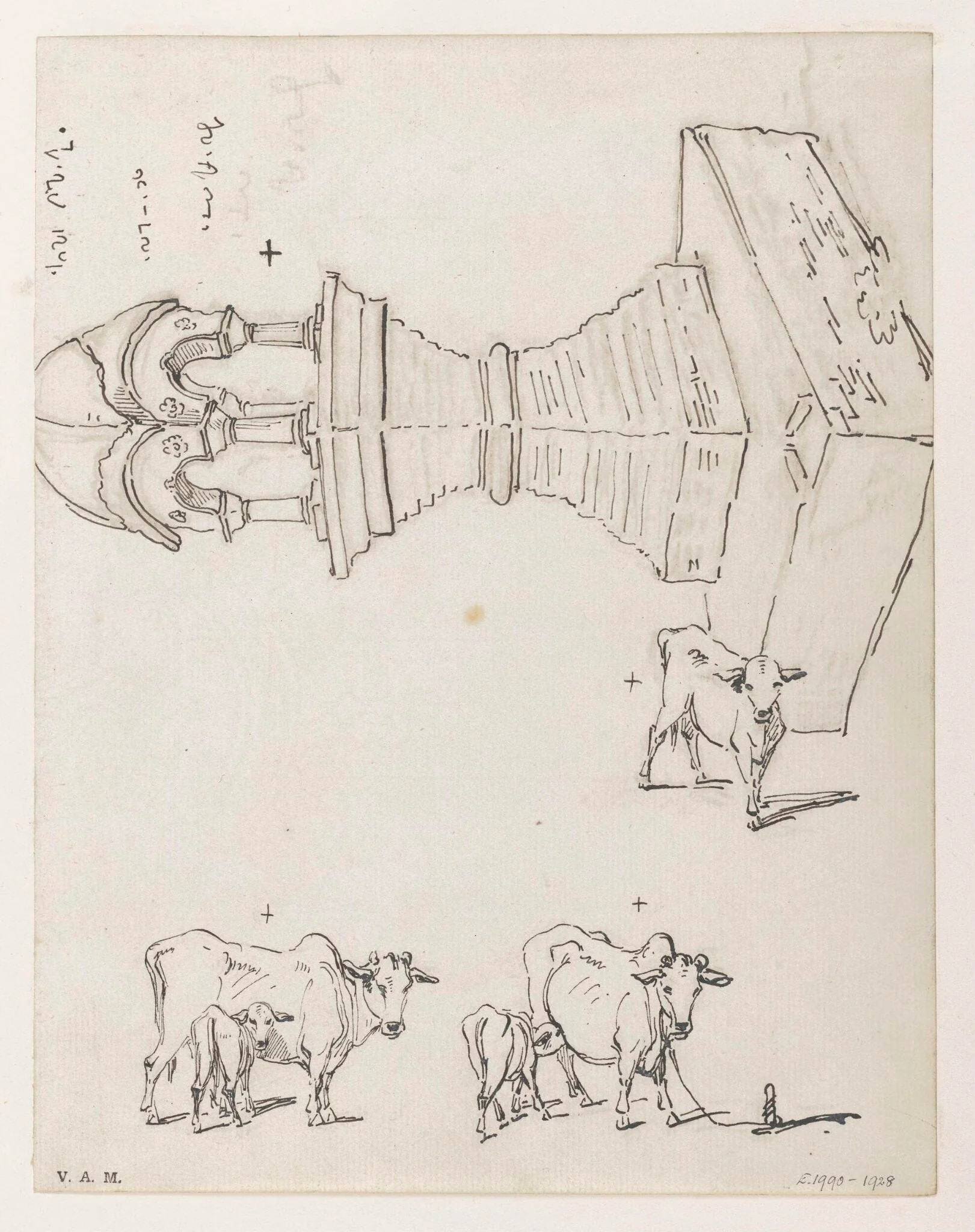 Cows and calves, and an Indian shrine, detail