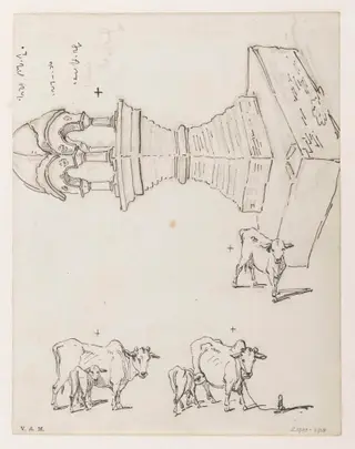 Cows and calves, and an Indian shrine, by George Chinnery, 16