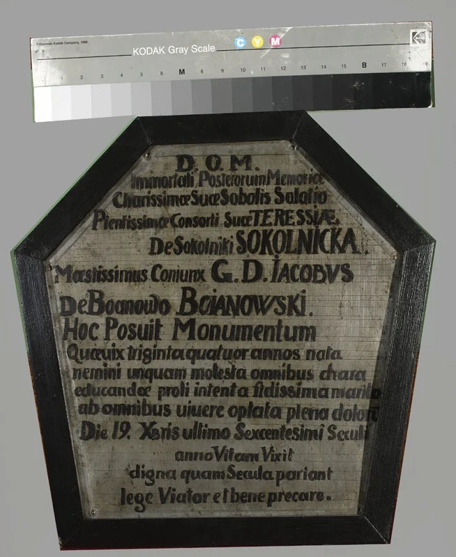 Steel plate with inscription for the coffin portrait of Teresa Bojanowska née Sokolnica (1666–1700), detail