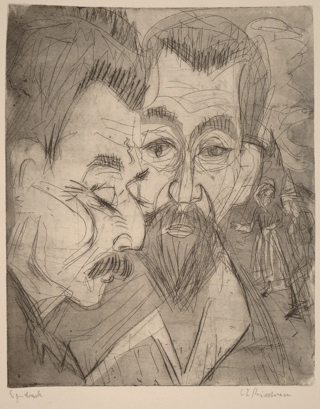 Two Peasant Heads, by Ernst Ludwig Kirchner, ink, 1920