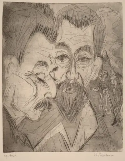 Two Peasant Heads, by Ernst Ludwig Kirchner, ink, 1920
